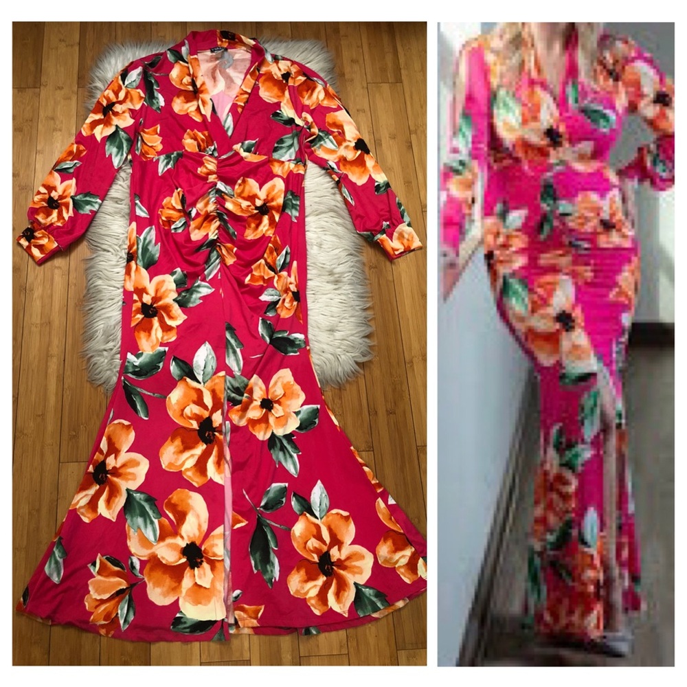 Venus Mermaid Floral Ruched Slit Long Sleeves Pink Orange Cocktail Maxi Dress XL